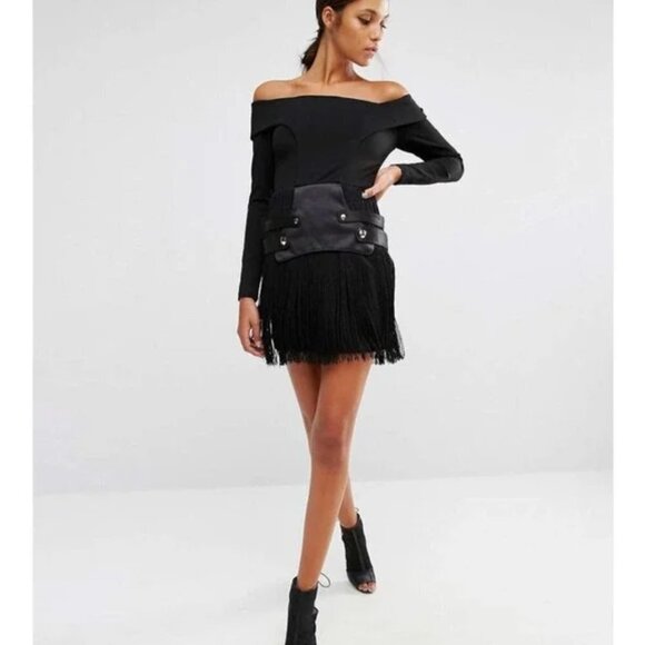 Asilio Black Fringe Military Belted Mini Cocktail Dress - Picture 3 of 9